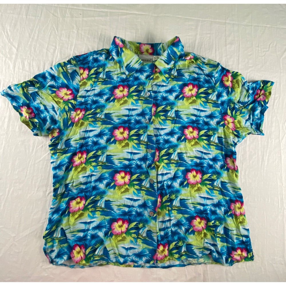 Fashion‎ Bug Womens 18/20 Blue Tropical Hibiscus Rayon Button Up Hawaiian shirt